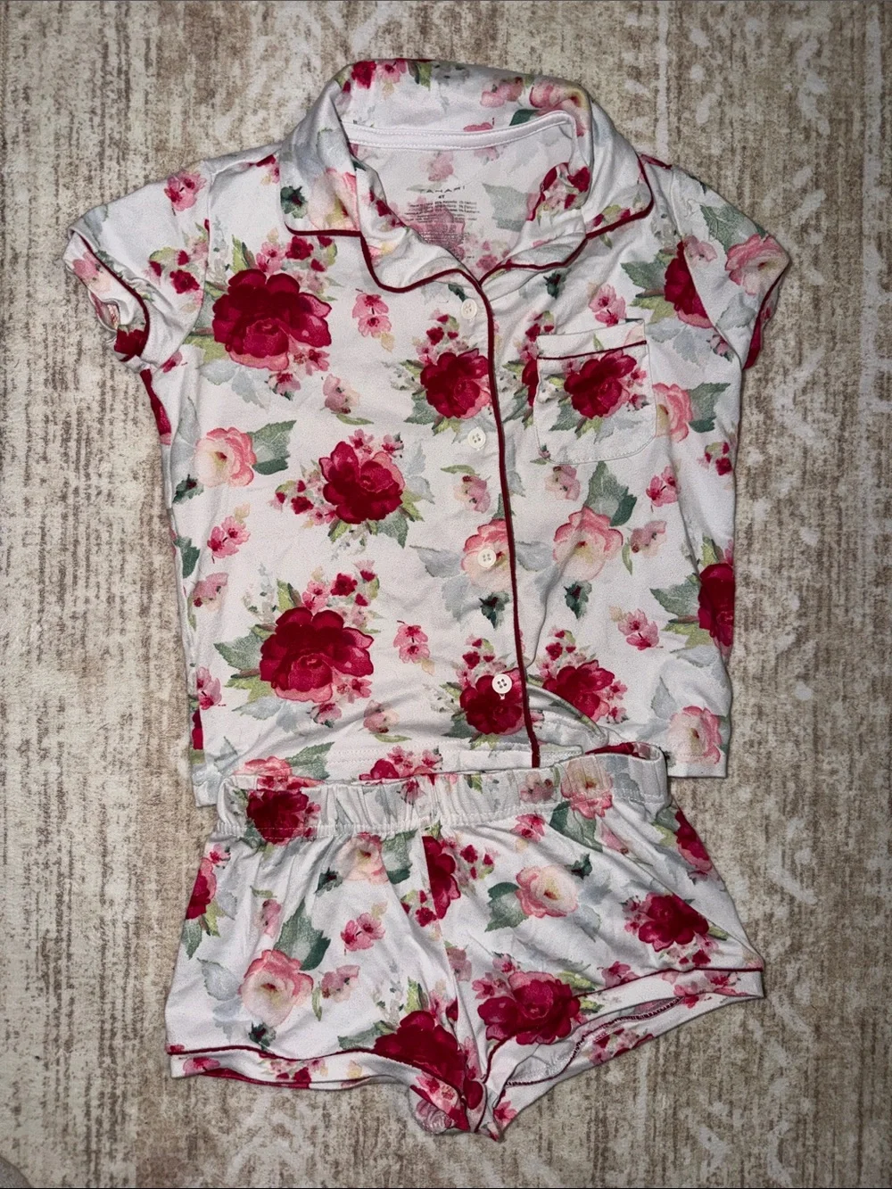 Tahari Girls White Floral Short Pajama Set with Pink and Red Roses